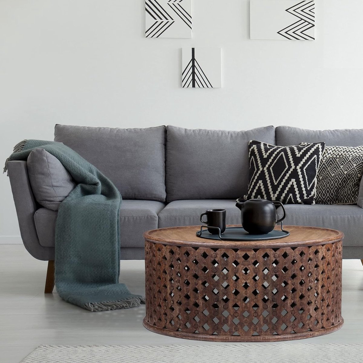 Ronde salontafel mangohout Ø100 x 45 cm – handgemaakte retro koffietafel – massief hout – uniek design – gelakt – FSC duurzaam – woonkamer tafel – Faisal