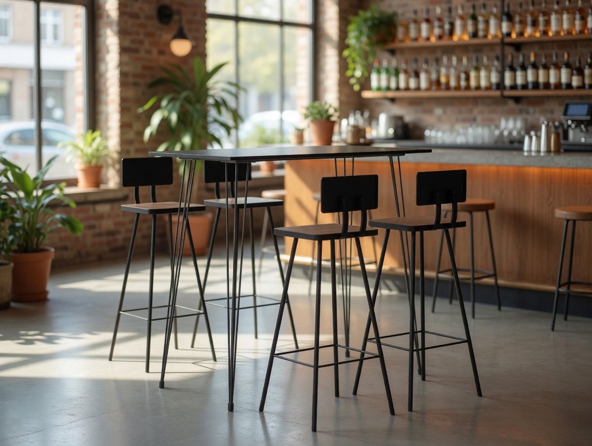 5-Delige Barset Zwart - Eettafelstoelen Keukentafelset MDF + 4 Barkrukken Massief Teruggewonnen Hout - Ruimtebesparend voor Thuis, Keuken & Kantoor - Ganeey