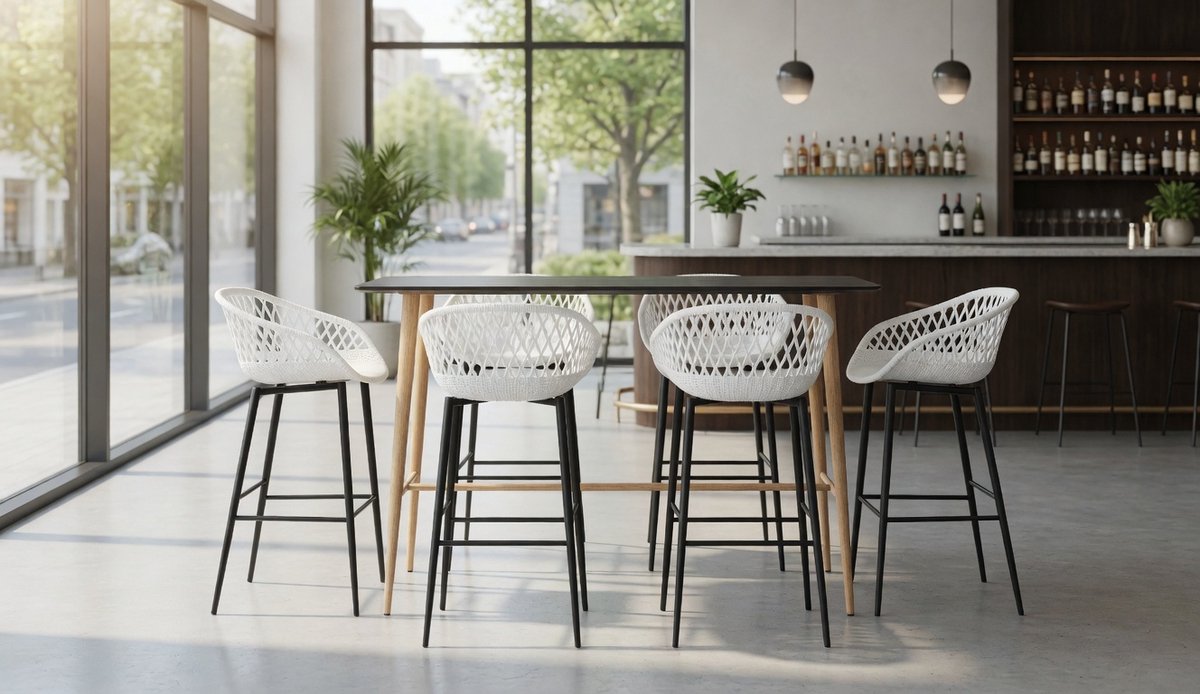 7-Delige Luxe Barset Zwart-Wit - Moderne Toontafel MDF + 6 Barkrukken Mesh Rugleuning - Metalen Poten Houtlook - Voor Woning, Tuin & Horeca - Ganeey