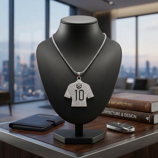 Zilverkleurige voetbalshirt hanger, nummer 10, bezet met strass, aan schakelketting op display.