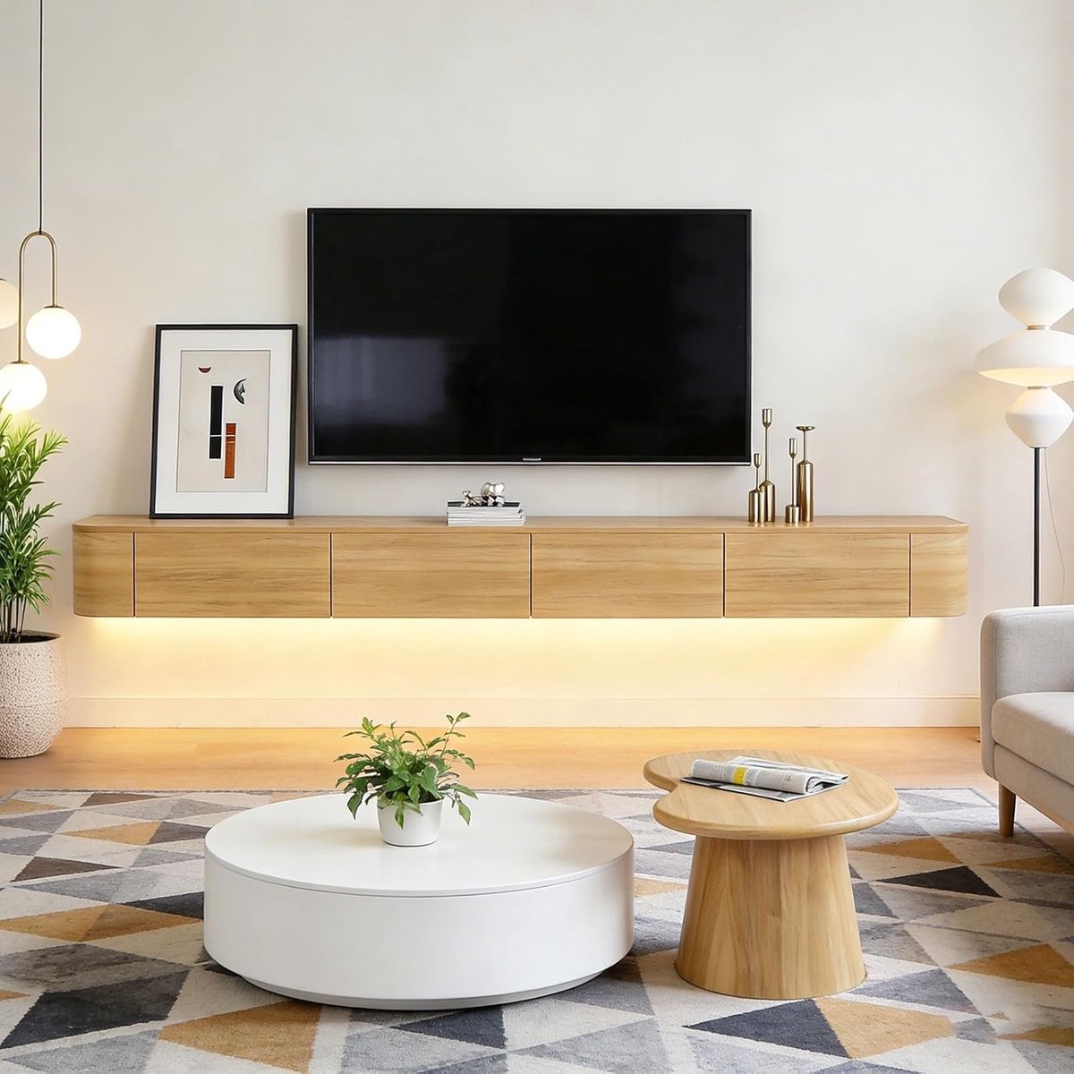Zwevend TV Meubel 199,9 cm – Wandgemonteerde Floating TV Kast met Lade & Open Planken – Massief Hout Media Console met Kabelmanagement voor 47–118 inch TV – Wood LED – HomebyNicole