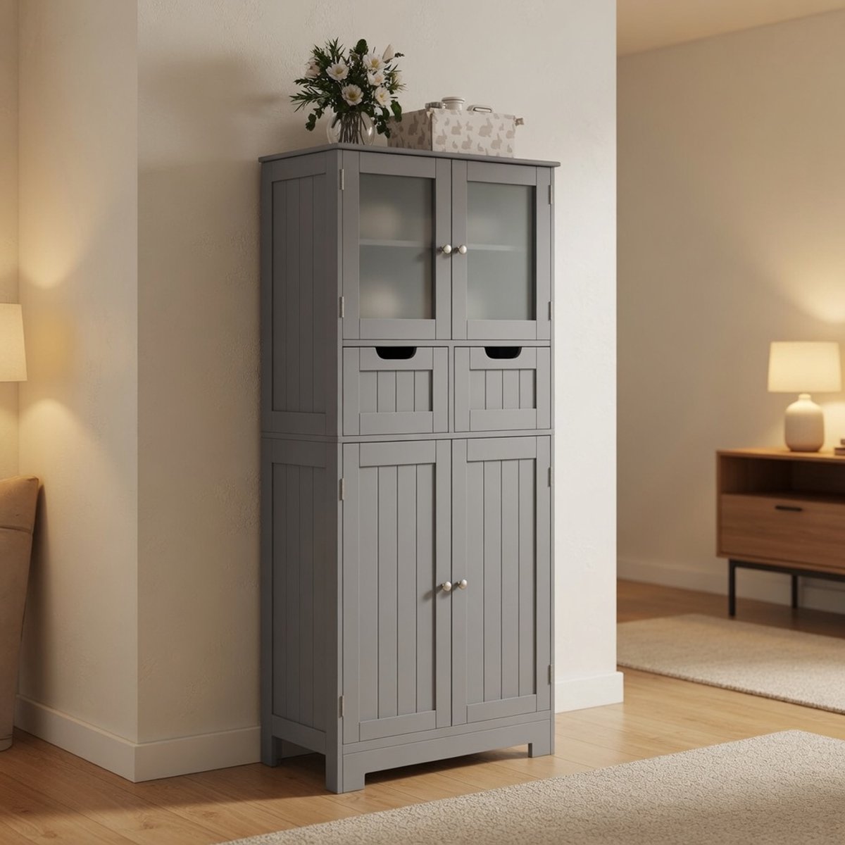 Hoge Badkamerkast Grijs 128 cm met 2 Laden en 2 Deuren – Moderne Opbergkast met Gehard Gla