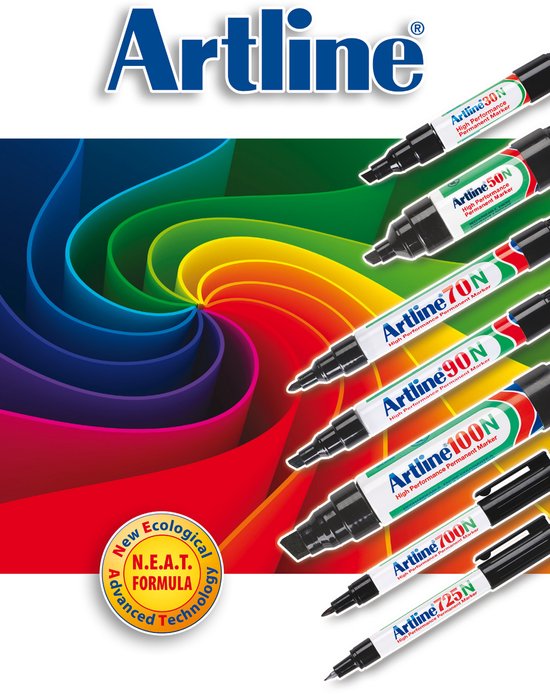 Artline markers met een regenboog op de achtergrond. Verkrijgbaar in diverse kleuren.