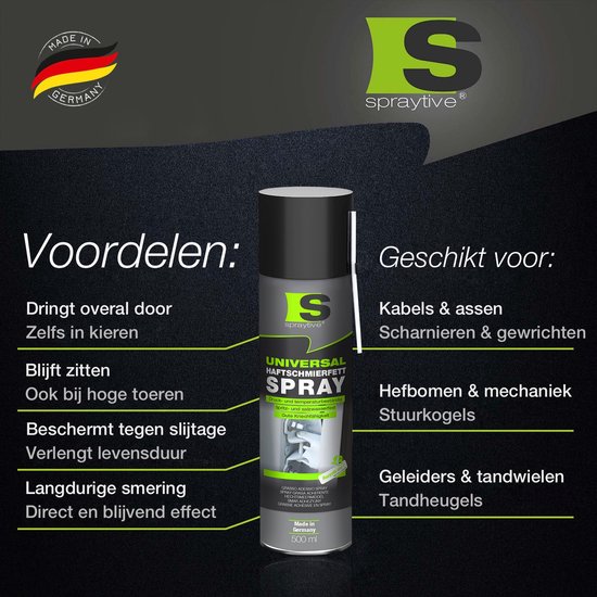Spraytive universele hechtsmeervet spray 500ml bus met Nederlandse tekst 'Voordelen:' en 'Geschikt voor:'.