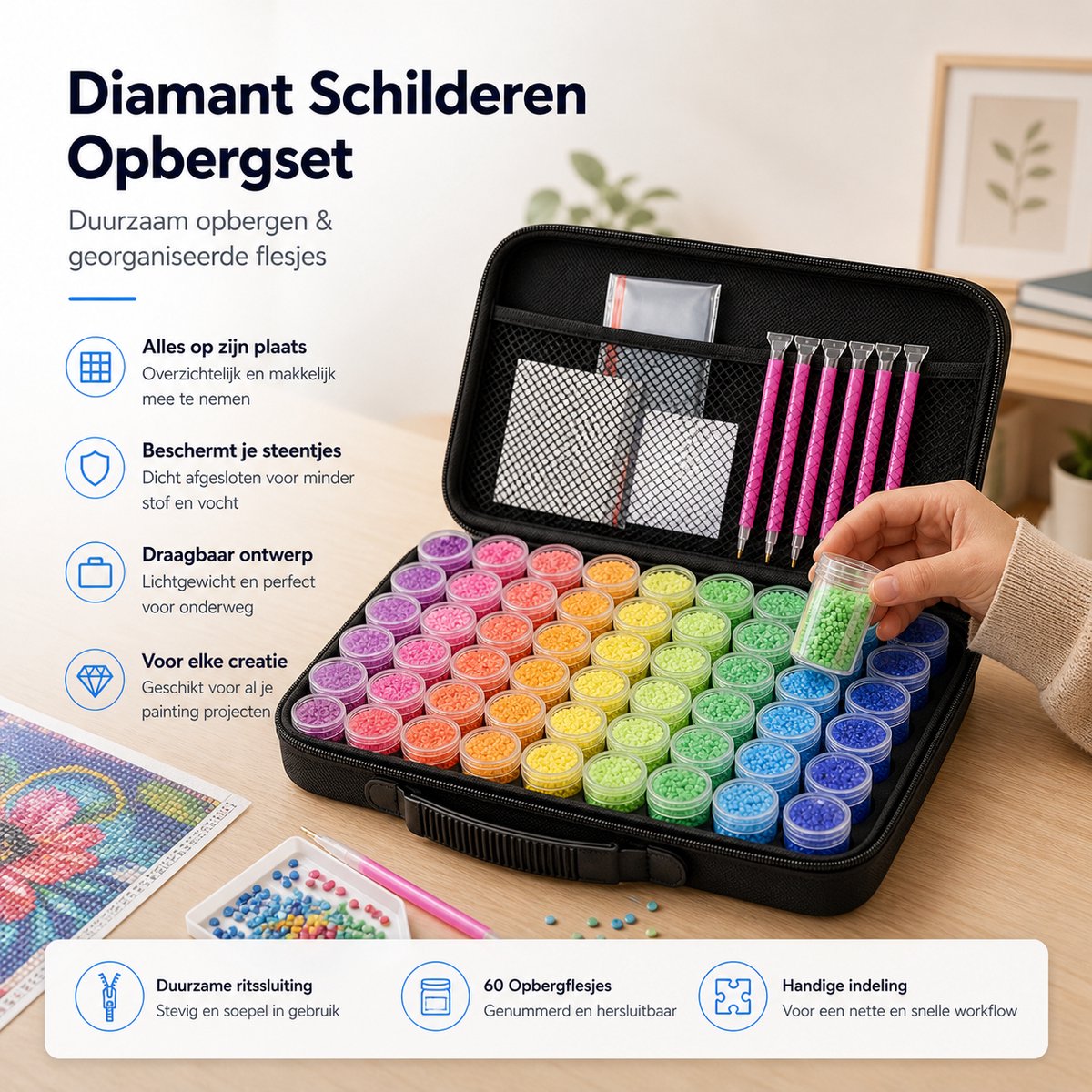 BOTC Diamond Painting Opbergdoos - 60 Potjes - 90 Delig Sorteerdoos set Incl. Toolkit - Zwart — afbeelding 2
