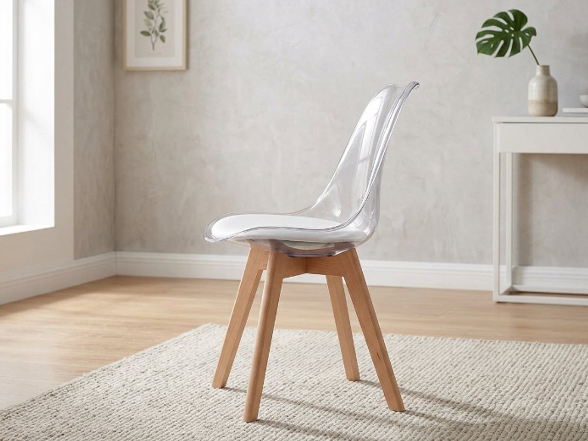 CrystalNord Transparante Eetkamerstoelen Set van 4 – Ganeey Scandinavisch Design Stoelen van Acryl met Gevoerde Zitting & Beukenhouten Poten – Moderne Duidelijke Dining Chairs voor Woonkamer & Keuken