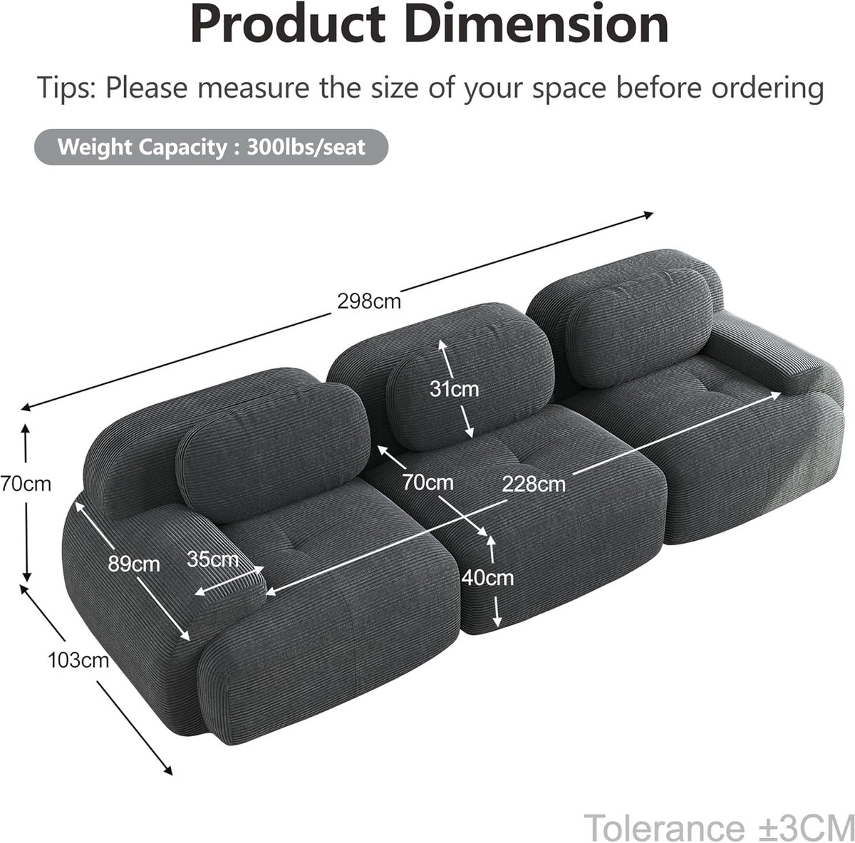 Modulaire slaapbank 3-zits – Arqam CloudFlex Corduroy Sofa – Grijs – Zonder montage – Luxe cloud bank woonkamer – Combineerbare modulaire sofa – 600 kg draagvermogen – Moderne design slaapbank