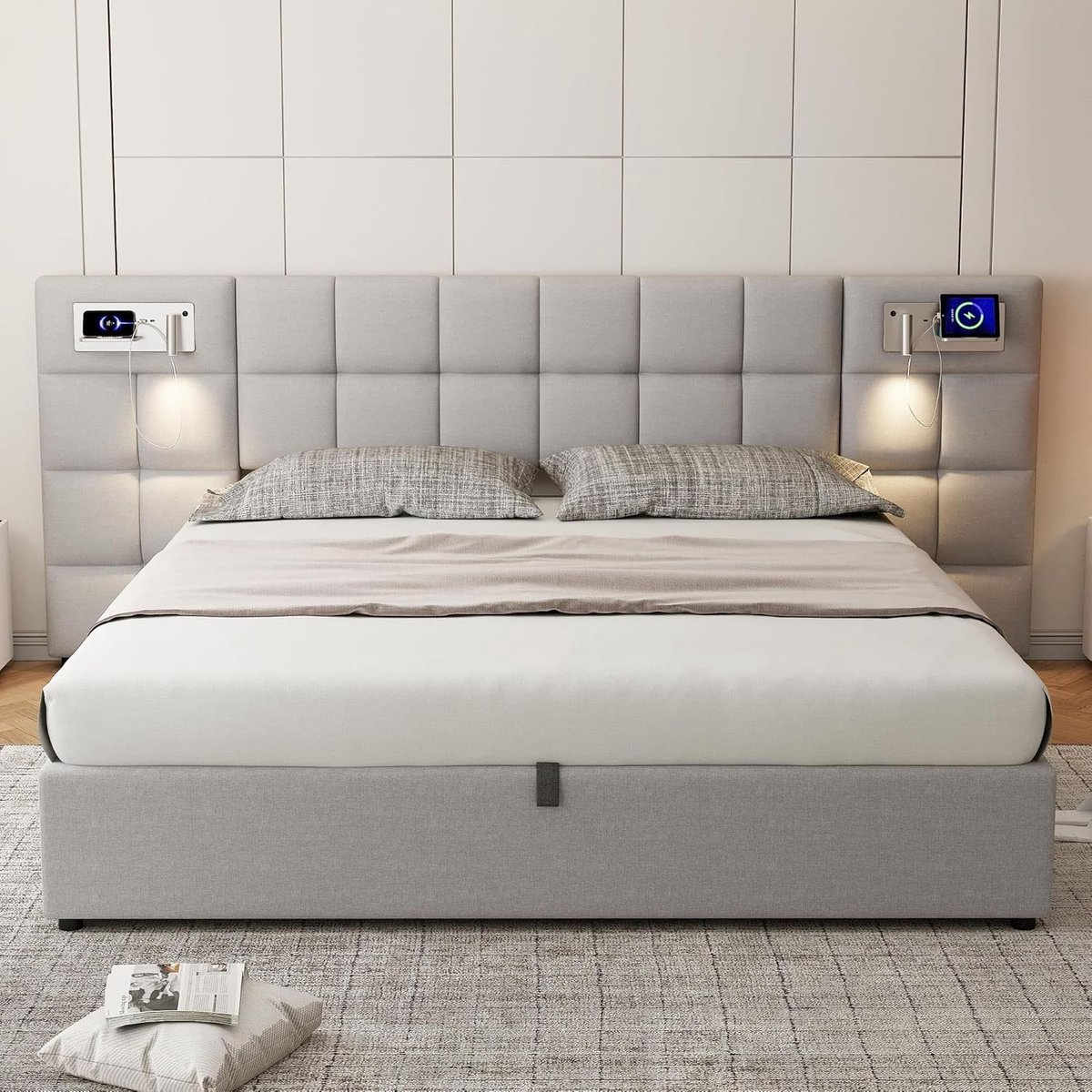 Grand-Horizon XXL Gestoffeerd Hydraulisch Opbergbed met Verlengd Design-Hoofdbord – 180 x 200 cm – Premium Grijs Linnen