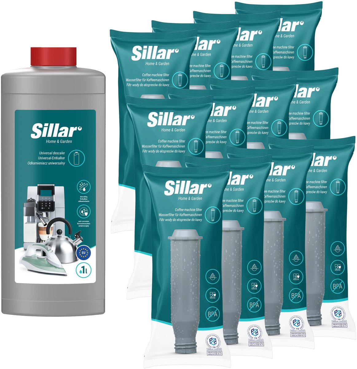 Sillar 12x Waterfilter voor koffiemachines - Waterfiltervervanging - Krups Melitta Nivona Koffiezetapparaten - vervanging voor F088 / NIRF 700 / PRO AQUA filters + Universele ontkalker Sillar 1L