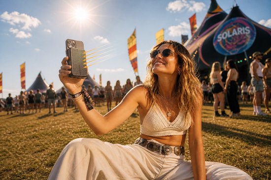 Vrouw met zonnebril, zittend in het gras, laadt haar telefoon op met een magnetische zonnepaneel powerbank.