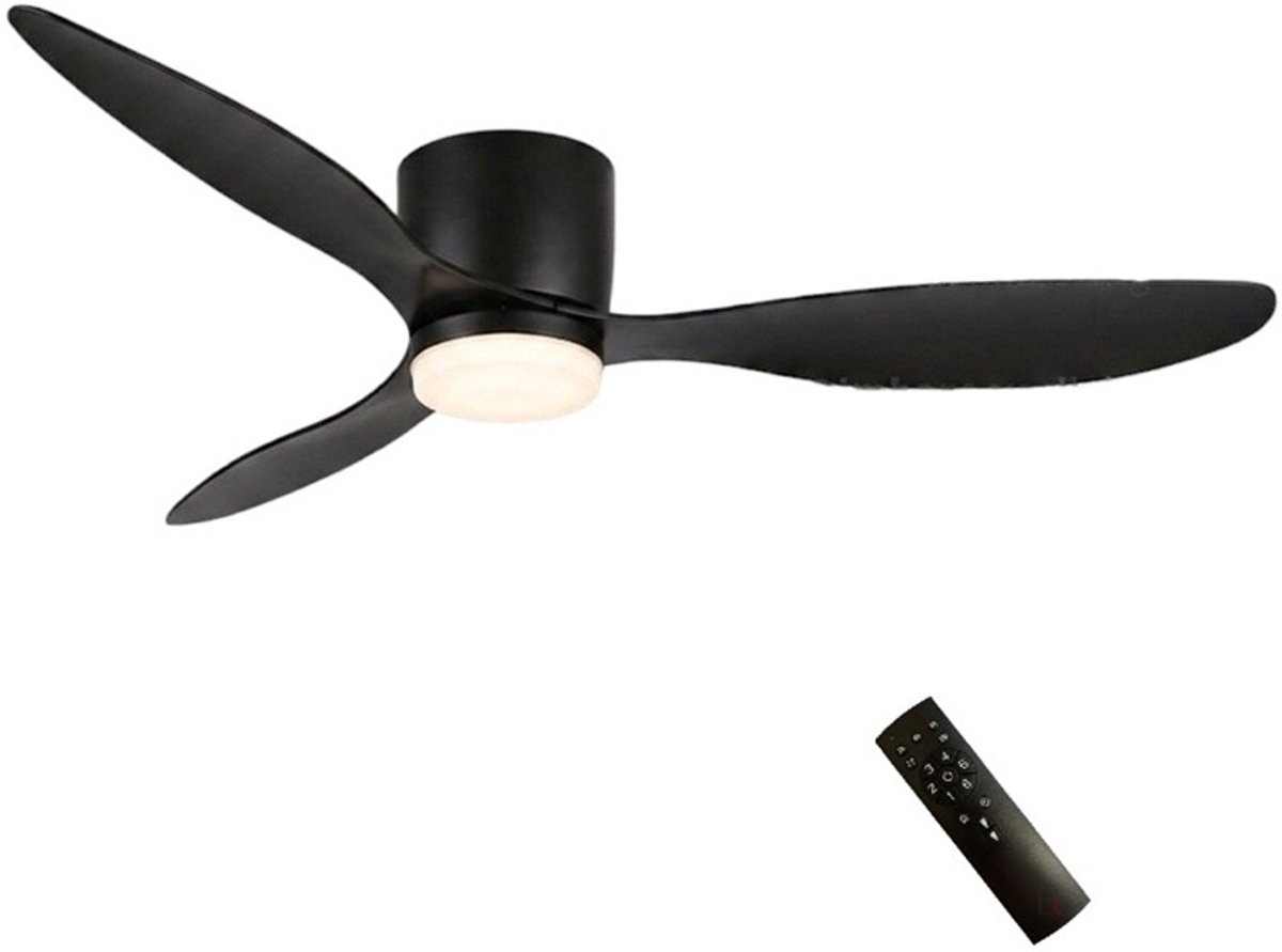 Freelight Plafondventilator Brezza Zwart Ø 132 cm incl. Led Lamp – Stille Ventilator 2026 – Top Quality - Energiezuinig – Afstandsbediening - Ventilator voor laag plafond - 6 Speed - Warm Wit Licht - 3 step Dimmer - Zomer & Winter Stand