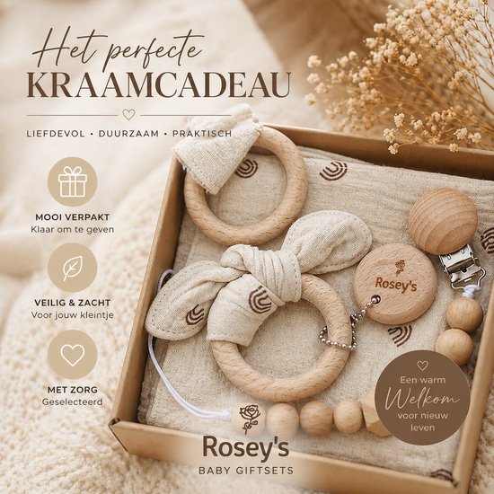 Rosey’s® Baby Giftset Rainbow – Kraamcadeau Unisex – Bijtring, Speenkoord & Knuffeldoekje – Baby Cadeau Set 0 Jaar – Babyshower / Geboorte Geschenk