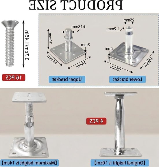 Set van 4 Verstelbare Poststeunen, Hoogte Instelbaar van 100-140 mm, Schroefbare Steunen voor Houten Balken, Ideaal voor Hekken, Schuilplaatsen en Carports — afbeelding 5
