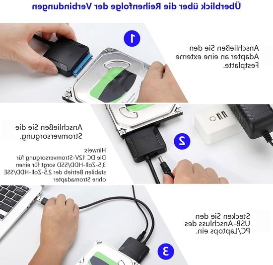 USB 3.0 naar SATA Adapter voor 2.5"/3.5" HDD/SSD - Snelle Gegevensoverdracht met 12V/2A Voeding en Optische Schijfondersteuning — afbeelding 2
