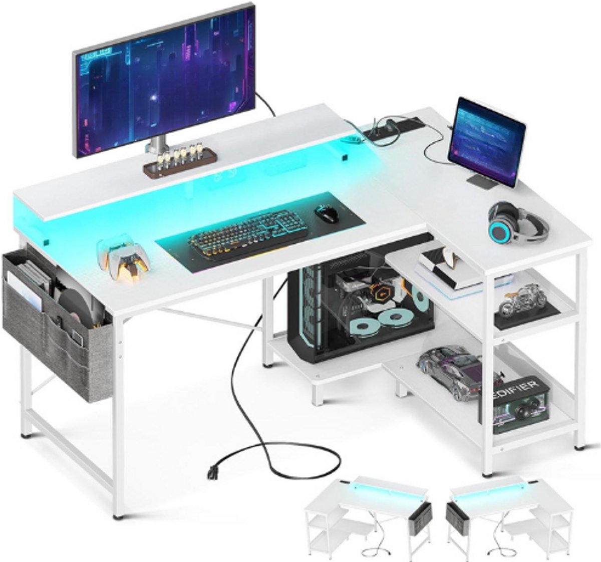 Coleshome Gaming Bureau L Vorm - 120 X 80 Cm - Hoekbureau Met LED Verlichting En Stopcontacten - Omkeerbaar Met Legplank En Monitorstandaard - Modern Gaming En Kantoor Bureau - Wit