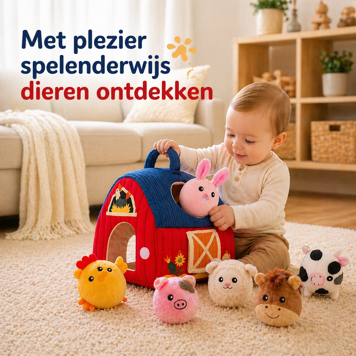Baby Speelgoed 6-12 maanden - Sensorisch Pluche Speelgoed met Stal en 6 Dierenvriendjes - Montessori Speelgoed met Boerderijdieren - Baby Cadeau met Knuffels - Educatief speelgoed - Kinderspeelgoed 6MND + — afbeelding 4