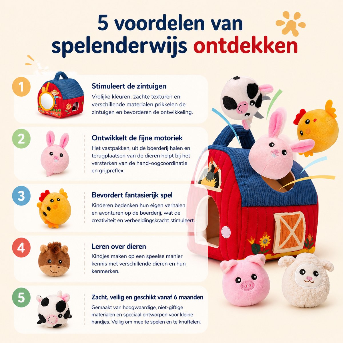 Baby Speelgoed 6-12 maanden - Sensorisch Pluche Speelgoed met Stal en 6 Dierenvriendjes - Montessori Speelgoed met Boerderijdieren - Baby Cadeau met Knuffels - Educatief speelgoed - Kinderspeelgoed 6MND + — afbeelding 7