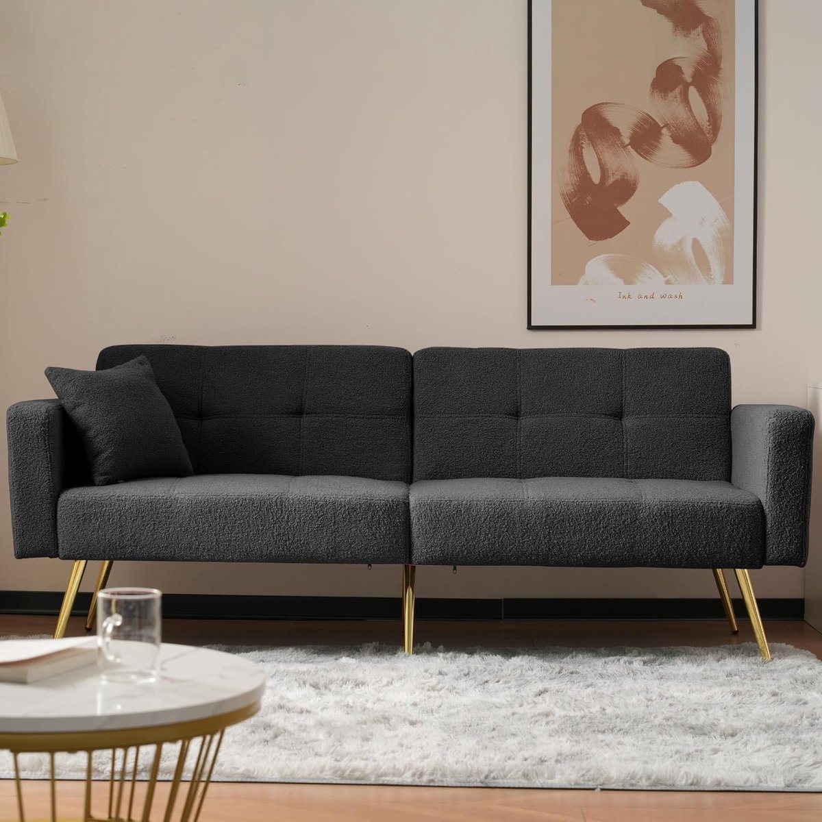 Slaapbank 175x64x72 cm - 2-zits Sofa Bed met Bedfunctie - Verstelbare Rugleuning met Opbergvakken en Kussens - Luxe Donkergrijze Bank met Gouden Poten - Vermissen