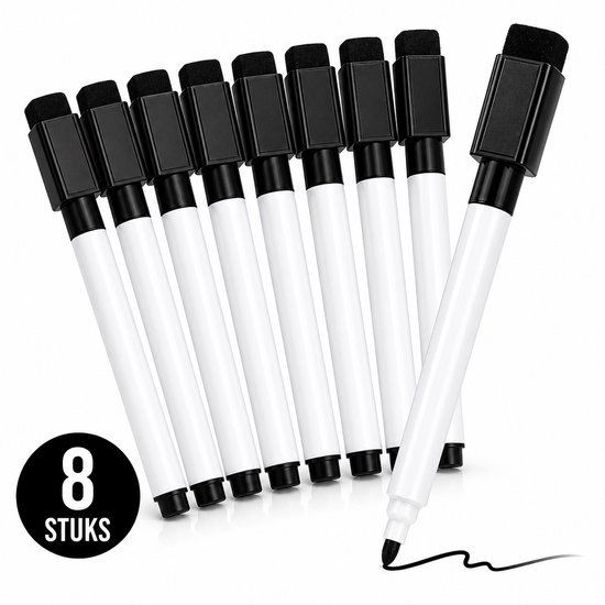 BlackBear Whiteboard Stiften Zwart – 8 stuks – Magnetisch – Met Wisser – Whiteboardmarkers Zwart Set voor School, Kantoor en Thuis
