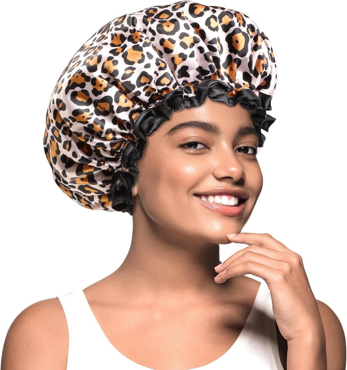 Leopard Dames Douchekap, 2 Stuks, Herbruikbare Waterdichte Douchekap met Zwarte Kant voor Meisjes en Vrouwen