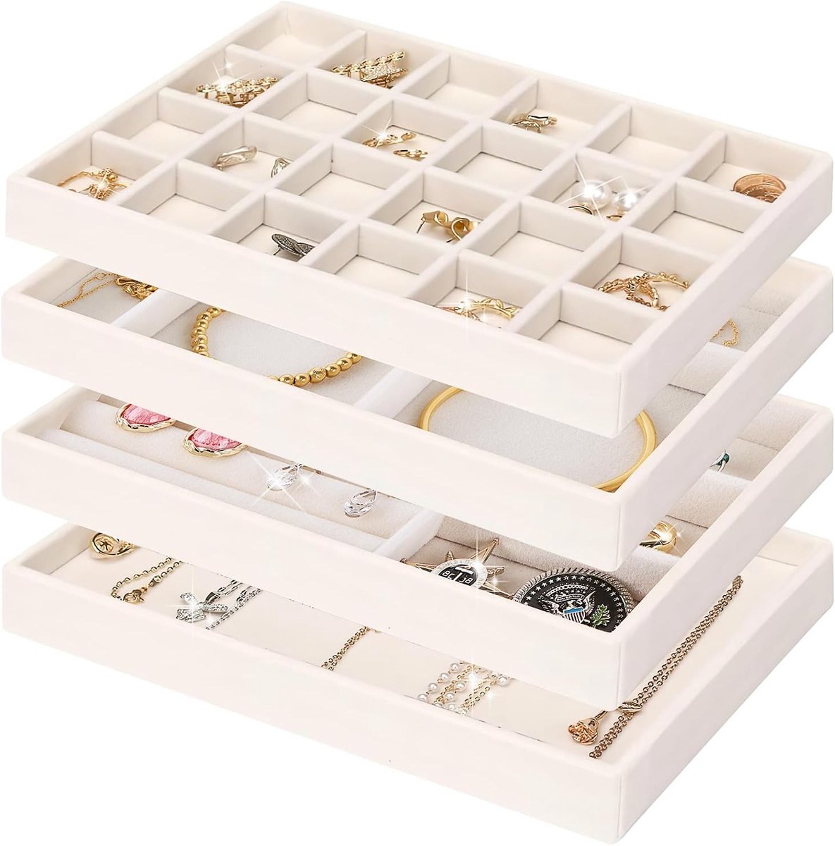 Sieradenopberglades met trays en organizers voor het ordenen van oorbellen, armbanden en ringen - 4 stuks (Beige)