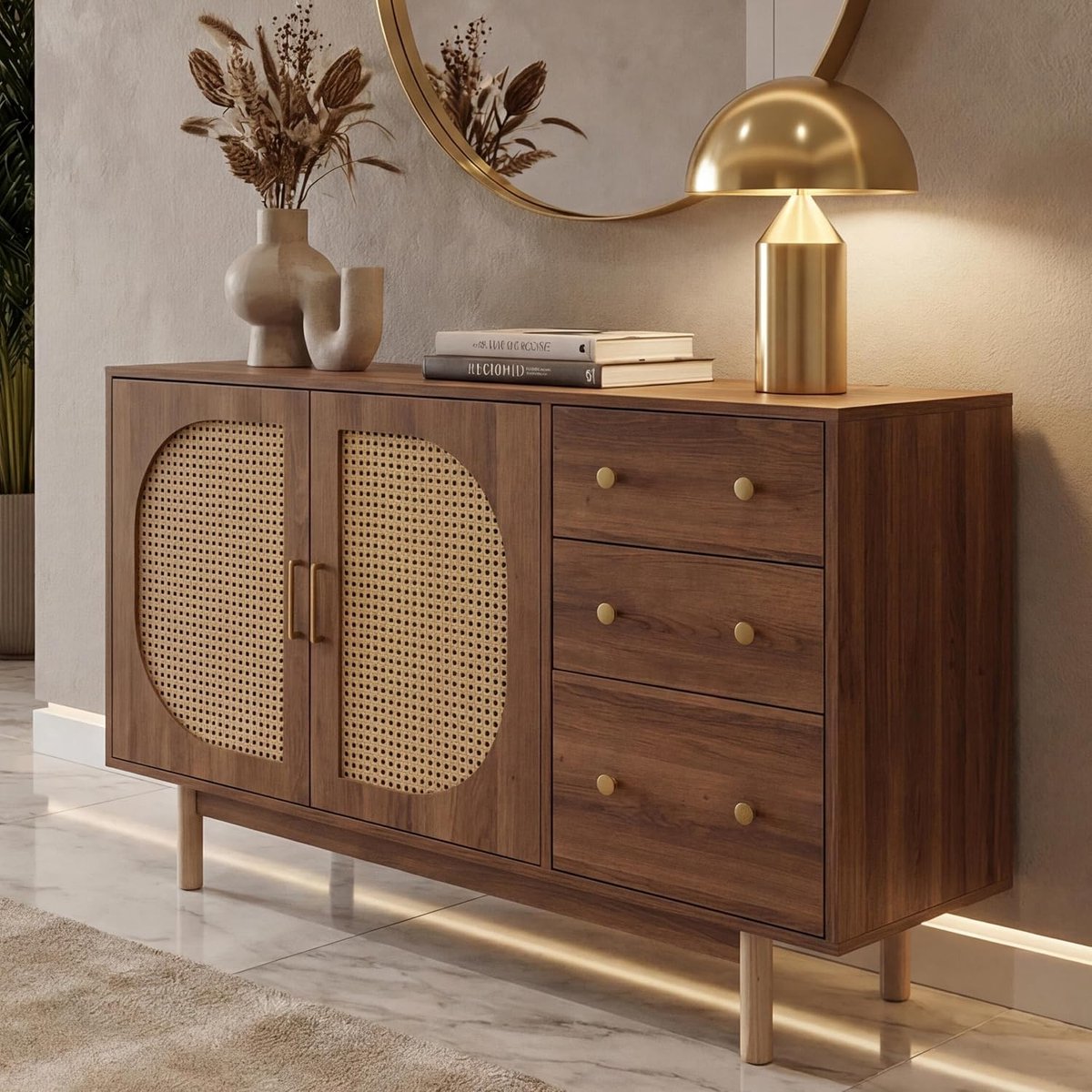 Modern Rattan Dressoir / Sideboard met 3 Laden en 2 Opbergvakken 80x120x40 cm – MDF Melamine Houtlook Opbergkast met Polyrattan Fronten voor Woonkamer, Hal en Eetkamer
