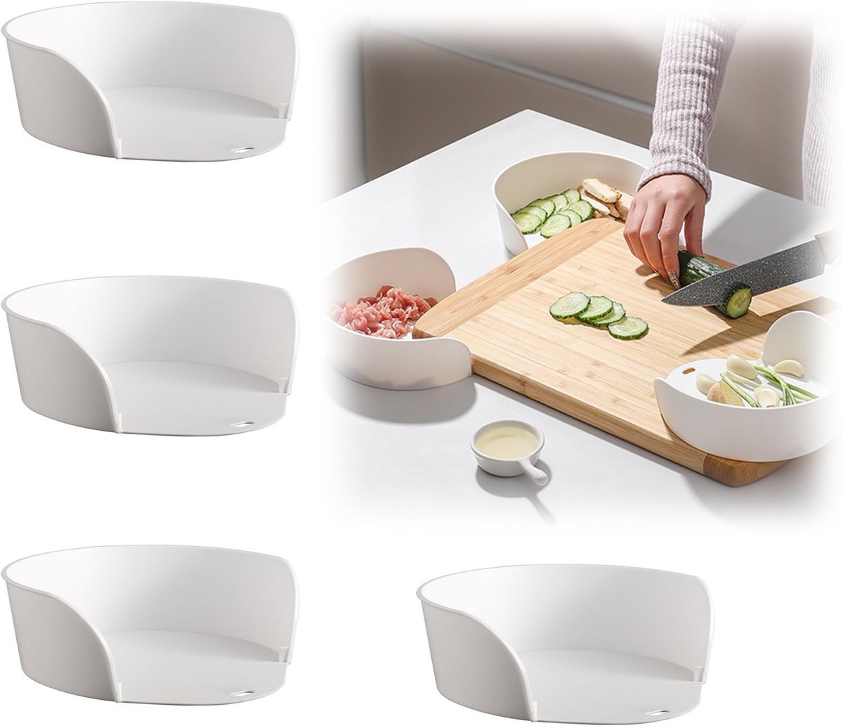 carmdering - Opvangbak - Afvallade - Kruimelvanger - Groentesnijder - Past onder snijplank, verhoogde rand - 17,6×5,5 cm, set van 4, wit PP - Stort eenvoudig in pan, bespaart ruimte - Makkelijk schoon te maken, ideaal voor thuis en picknick