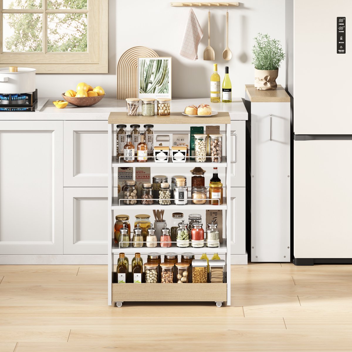 Pugsdrly Slim Storage Cart, slanke opbergkar op wieltjes, 16 cm smalle keukenkast met 4 verstelbare planken, wit met houtlook, 55x16x85 cm, voor keuken & badkamer