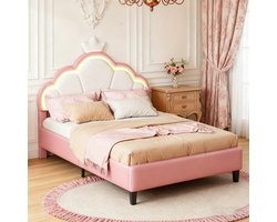 Gestoffeerd bed kinderbed 140x200 cm met LED, eenpersoonsbed voor meisjes, tienerbed met in hoogte verstelbaar hoofdeinde en lattenbodem, prinsessenbed in roze fluweel (zonder matras)