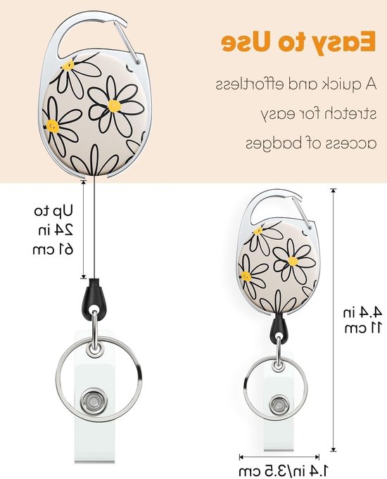Floral Print Retractable Badge Reel met Sterke ABS Body en RVS Veer, 24 inch Nylon Touw en Carabiner voor Sleutelhanger en Badgehouder — afbeelding 2