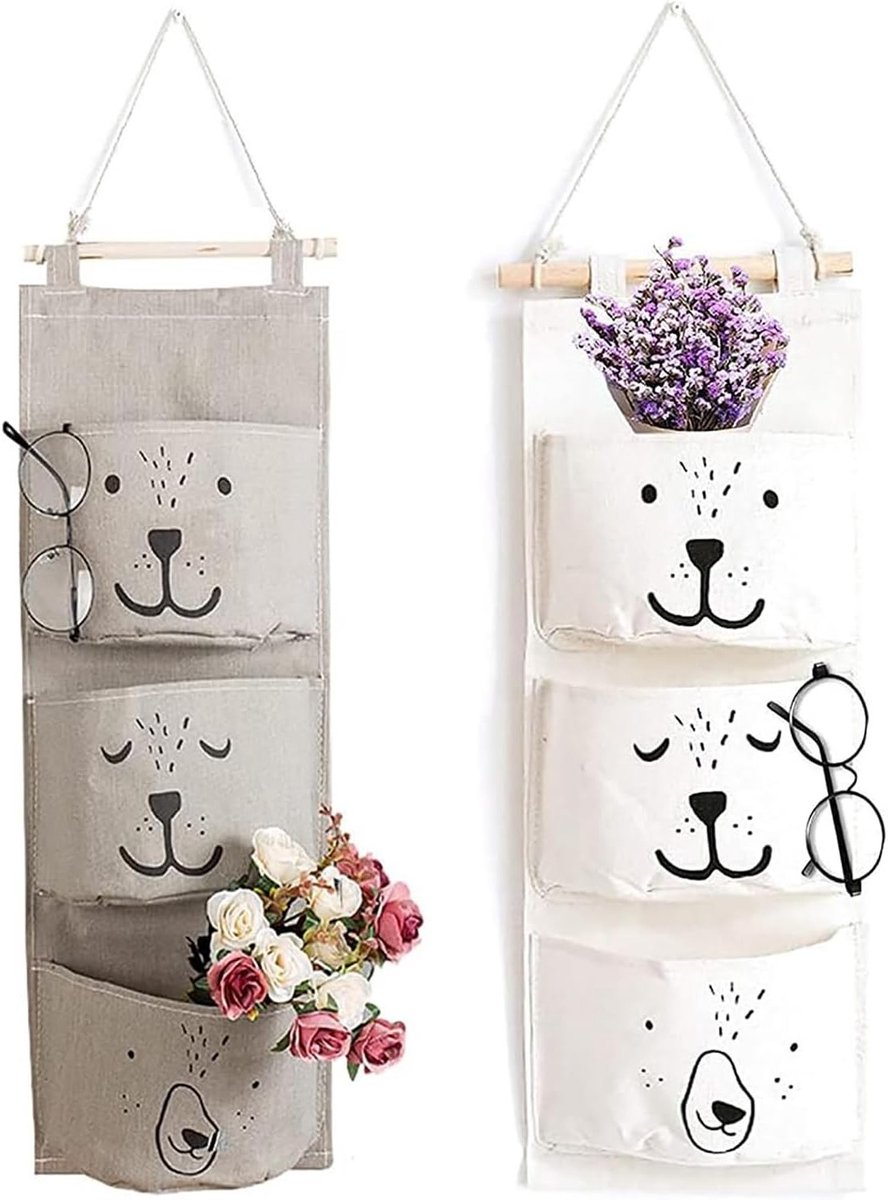 Opbergtas voor wandmontage - Organizer met tas - 2 stuks - Grijs en wit - Linnen
