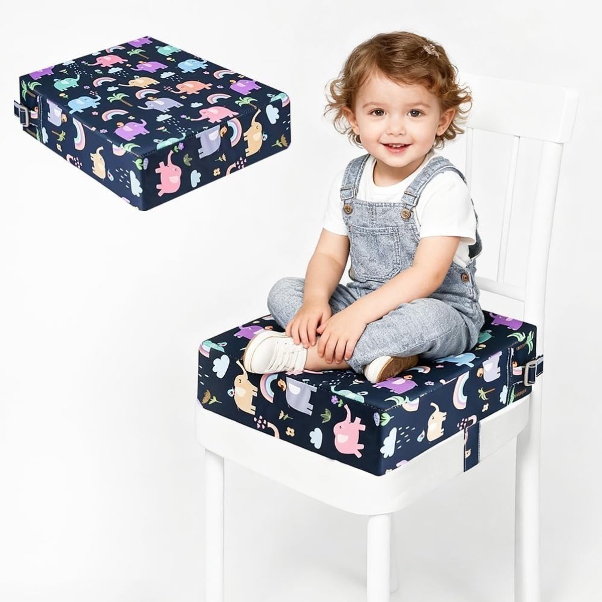 Verstelbare Kinderstoelverhoger met Wasbare Zitting en Veiligheidsgordels - Antislip Stoelverhoger voor Eten, 32 x 32 x 8 cm, Ideaal voor Thuis en Op Reis