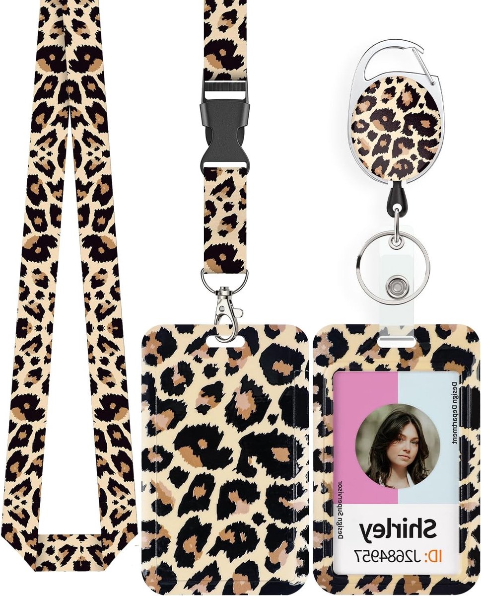 Moderne ID Badge Houder met Luipaardprint, Retractable Badge Reel en Verstelbare Lanyard voor Kantoor, Onderwijs en Evenementen