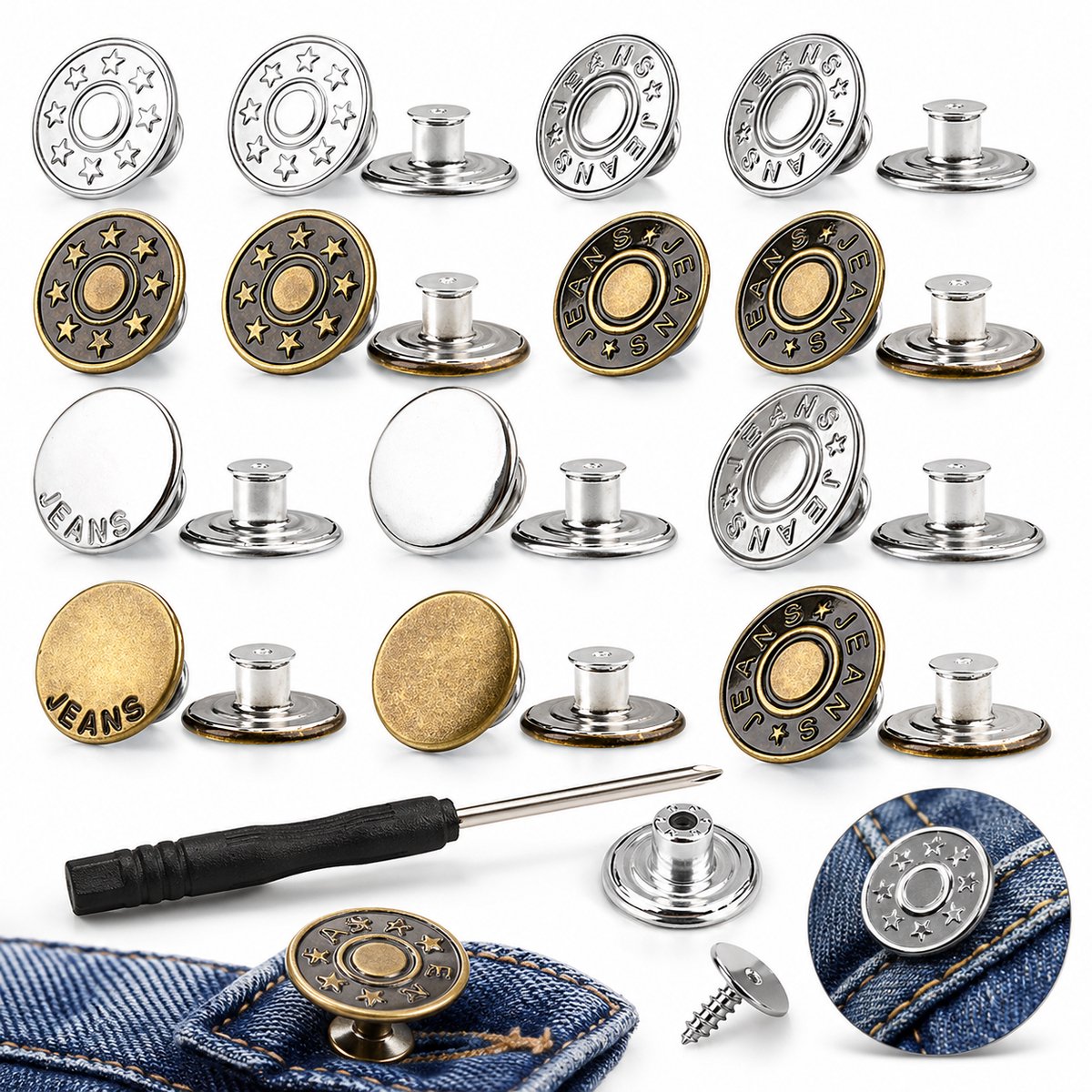 BOTC Jeansknopen - 24 stuks - 17mm en 20 mm - Brons en zilver - spijkerbroek - spijkerjas - inslagknopen