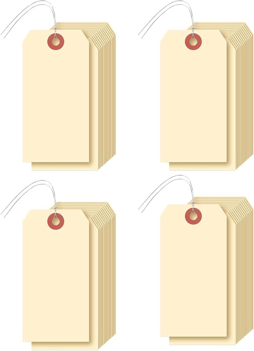 50 blanco verzendlabels met draadogen, Manila labels met gat, 12,2 x 6 cm, perfect voor het labelen van buitenitems, bagage, voorraad en meer.