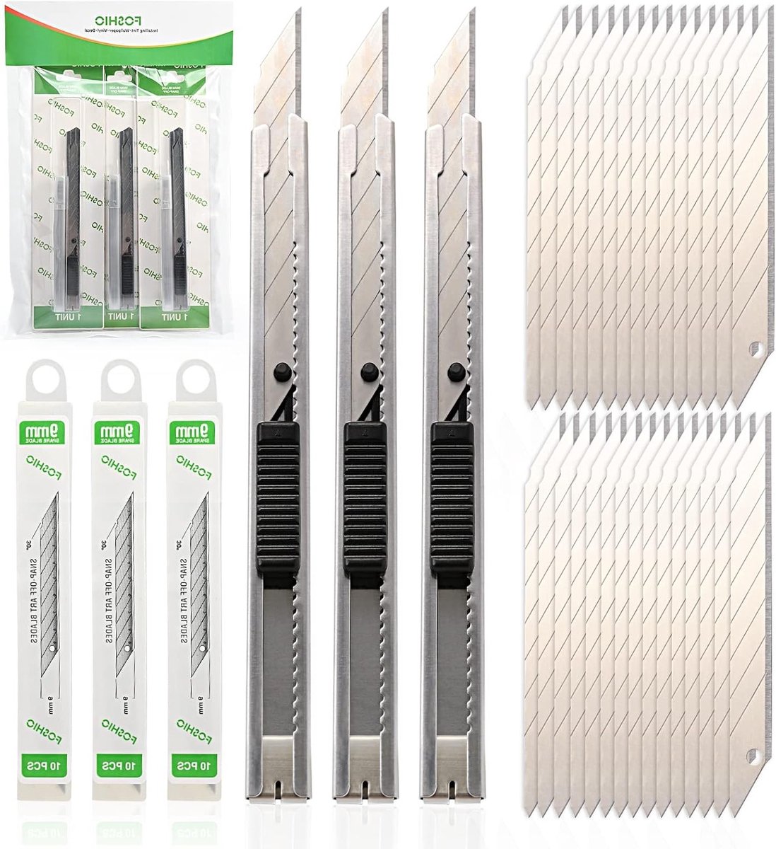 Set van 3 Professionele 9 mm Snijmessen met 30 Stuks 30° Afbreekmessen voor Film, Papier, Knutselen en Behang