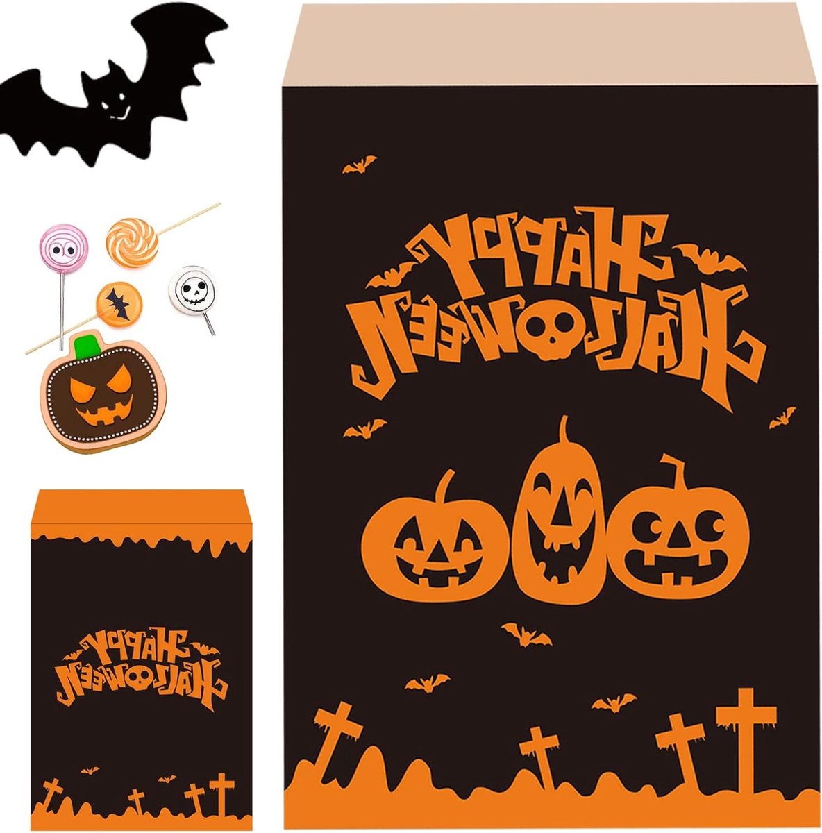 Set van 100 kleurrijke mini papierzakjes voor Halloween en kerst, stevige snoep- en broodzakjes, 13 x 18 cm, ideaal voor cadeaus en traktaties