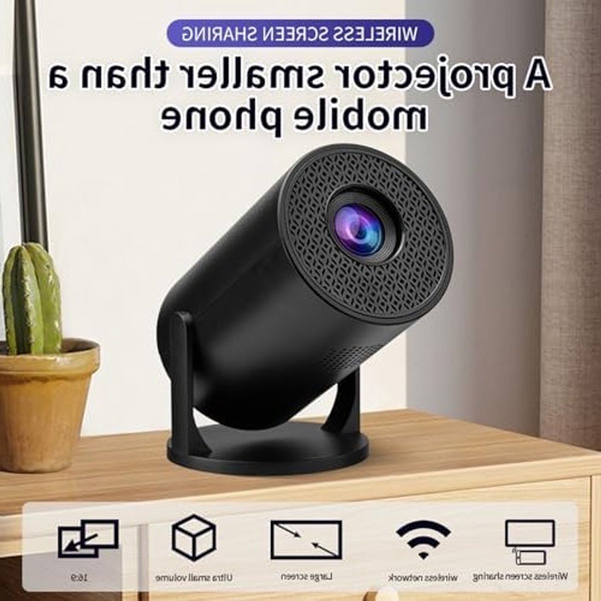 Draagbare Mini Projector met WiFi en Bluetooth, 1080p Ondersteuning, Rotatie en Automatische Correctie voor Films en Presentaties via HDMI en USB