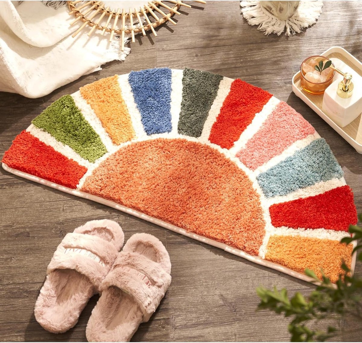 Bohemian Badmat in Halve Cirkelvorm, Kleurige Zonneprint, Retro Badkamerdecoratie, 40 x 76 CM, Comfortabele Douchemats voor een Stijlvolle Badkamer