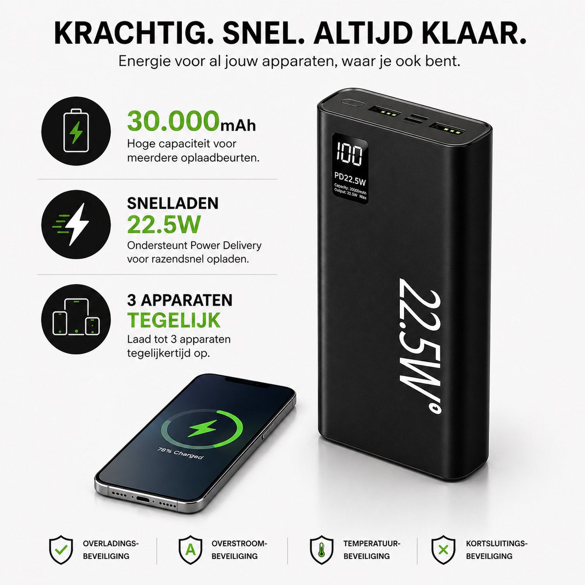 Evy24 Powerbank 30.000mAh - Snellader 22.5W - USB-C & USB-A 4 Poorten - iPhone & Android - Draadloos & Snelle Oplader - Compact & Draagbaar - Externe Batterij voor Smartphone, Tablet, Oordopjes - Zwart – foto 4