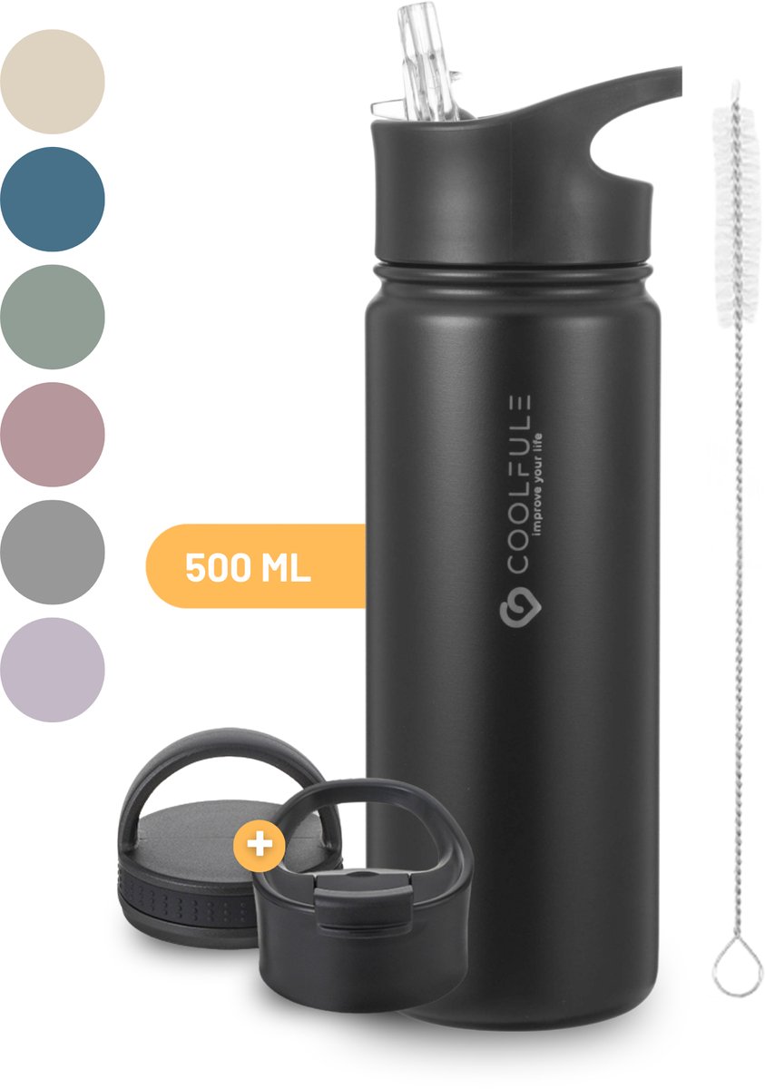 CoolFule Drinkfles - Zwart - Waterfles met Rietje - RVS Drinkfles - 500 ml - BPA-vrij - Dubbelwandig