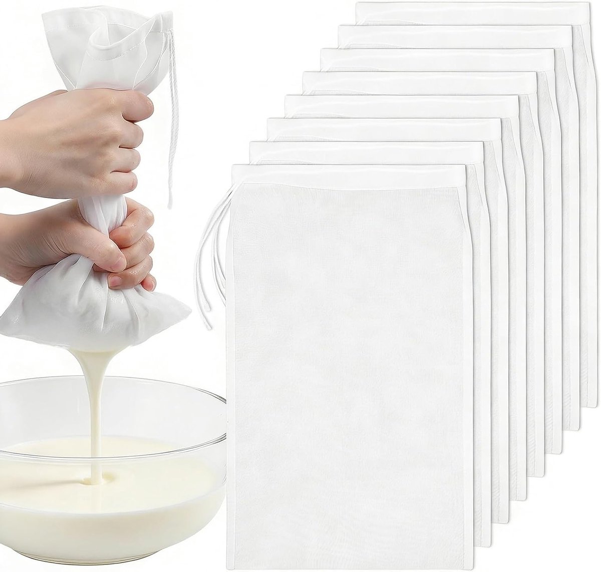Set van 8 Herbruikbare Notenmelkzakken - Fijnmazige Filterzakken voor Melk, Kaas, Koffie, Yoghurt en Sap (30x20cm)