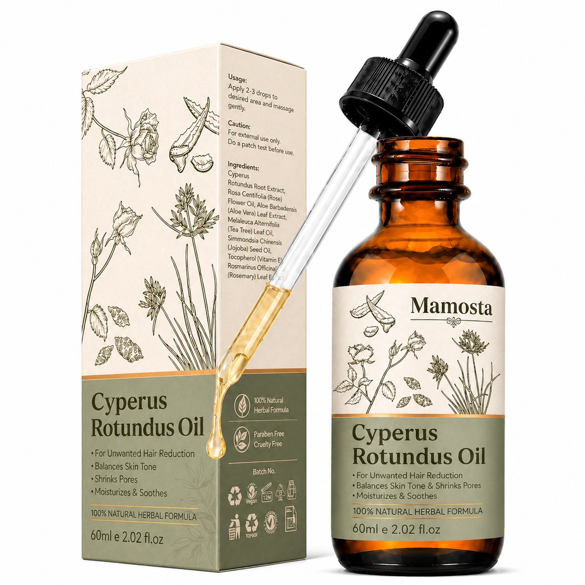 Mamosta® Cyperus Rotundus Olie 60 ml – Antihaargroei Oil – Ontharingscreme – Ontharing - Hair Removal Cream - Olie – Vermindert Haargroei – Kalmeert & Hydrateert Huid – Geschikt voor Alle Huidtypes
