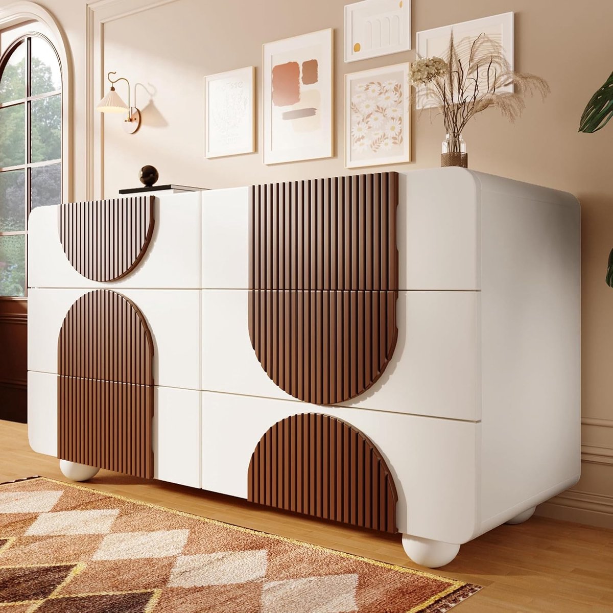 Elegant Gebogen Dressoir met 6 Lades en Chocolade Houten Latten Design