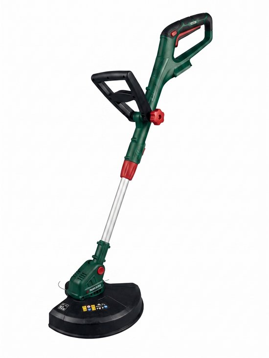 Parkside grastrimmer met groen en zwart handvat op witte achtergrond.