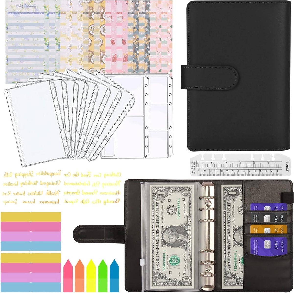 A6 Budget Planner met 29 Onderdelen, 6-Hole Notitieboek voor Geldbeheer, Inclusief Budgetbladen, Stickers en Kleurige Indexlabels voor Efficiënte Organisatie en Reisgebruik