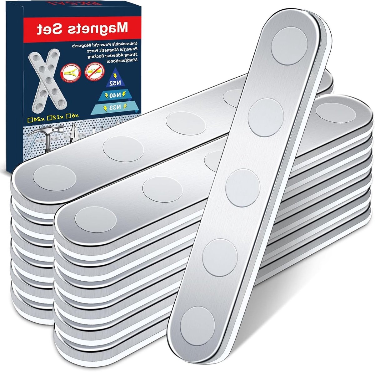 Set van 12 Schokbestendige Magneten met Zelfklevende Sterke Magnetische Tape, Neodymium Magneten voor School en Kantoor, 58 x 10 x 2 mm