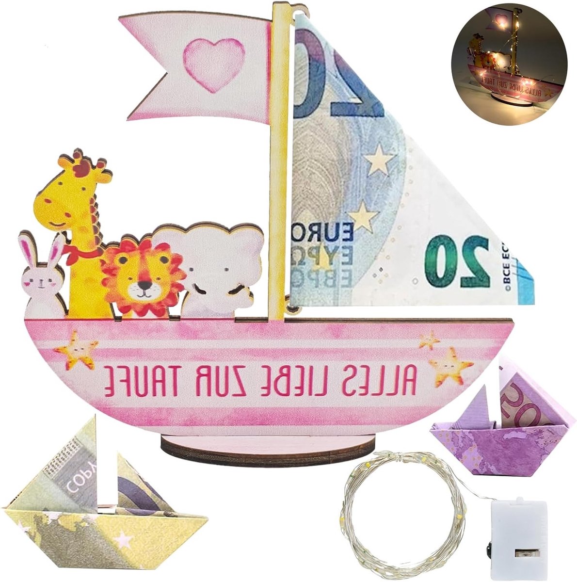 Christelijke Cadeaus voor Jongens en Meisjes met LED Sfeerverlichting, Geboorte en Doopcadeaus, Geldcadeau voor Doopfeest, Lichtroze Houten Decoratie