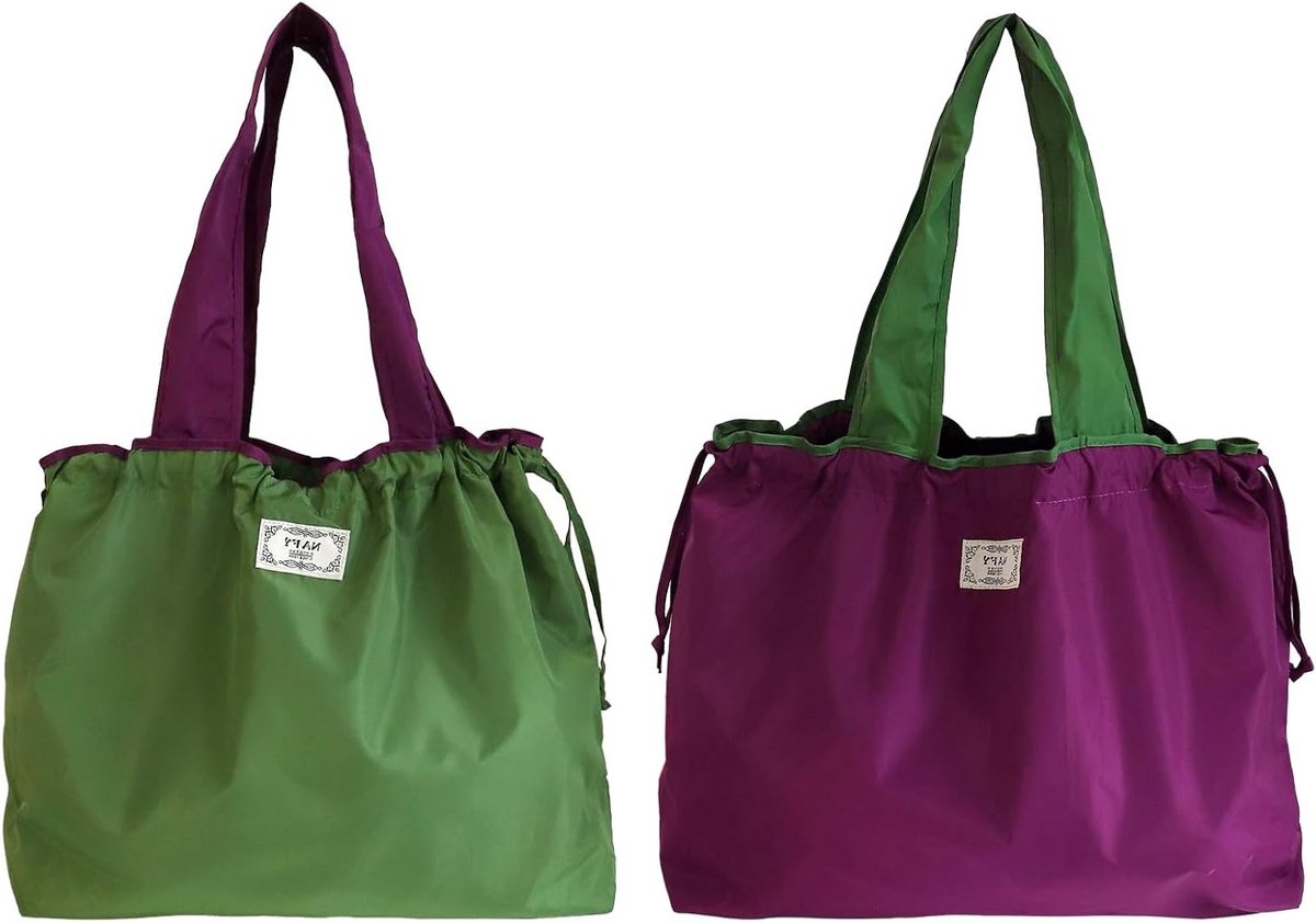 2 Stuks Grote Opvouwbare Boodschappentassen - Scheurbestendig Polyester - Paars & Grasgroen