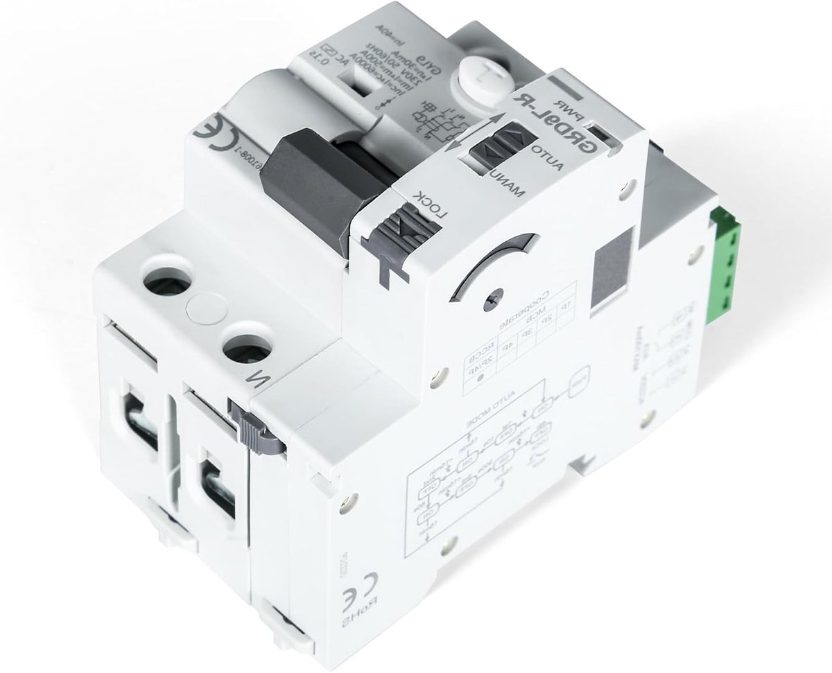 Veiligheidsschakelaar met automatische herinschakeling, intelligente stroomonderbreker, AC type FI, 40 A, 30 mA, 2-polig, voor optimale bescherming tegen elektrische schokken